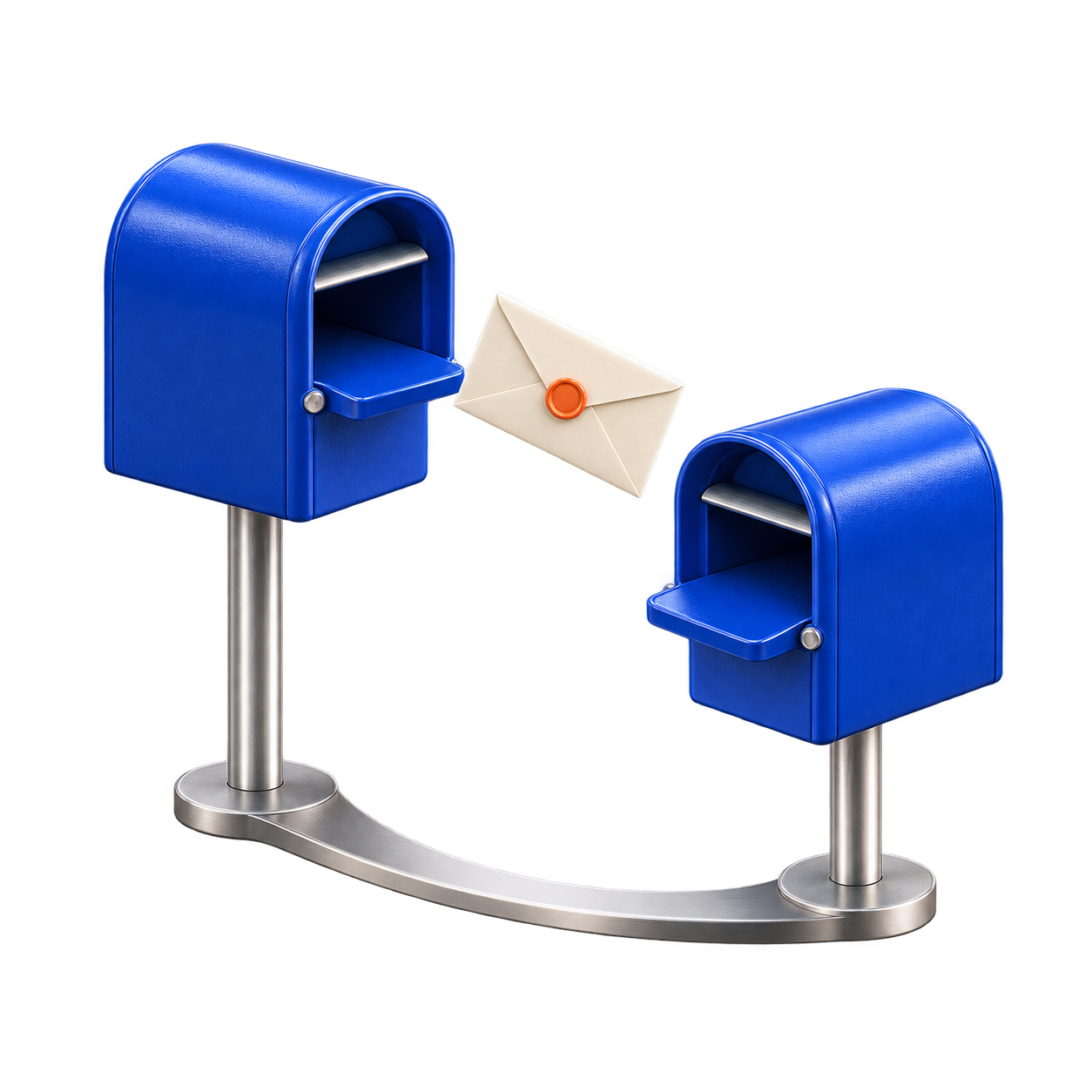 Two blue mailboxes connected by a silver track, passing an envelope.
